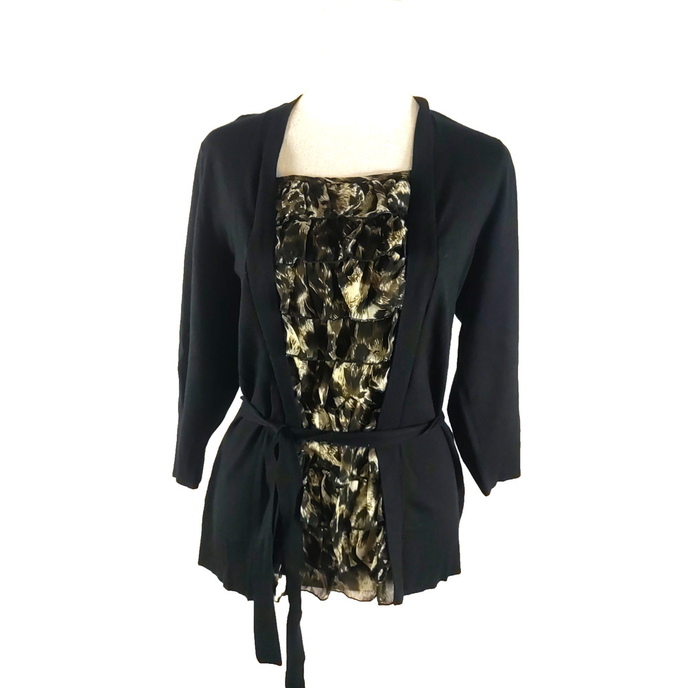 Chico's Women's Sweater Size 1 Medium Black Leopard Print Ruffle Quarter Sleeve